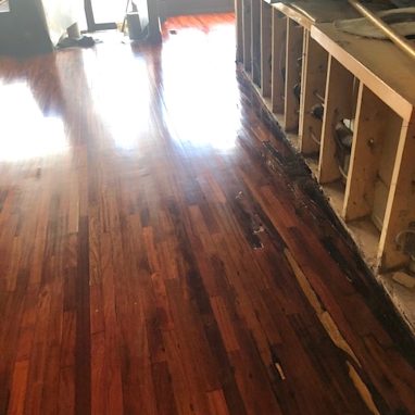 dining room area with glossy brown hardwood flooring with construction going on around it